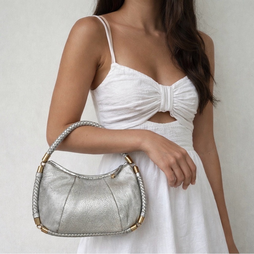 Antonio Milani Y2K Era Leather Hobo Bag Braided Handle Gold Hardware Silver